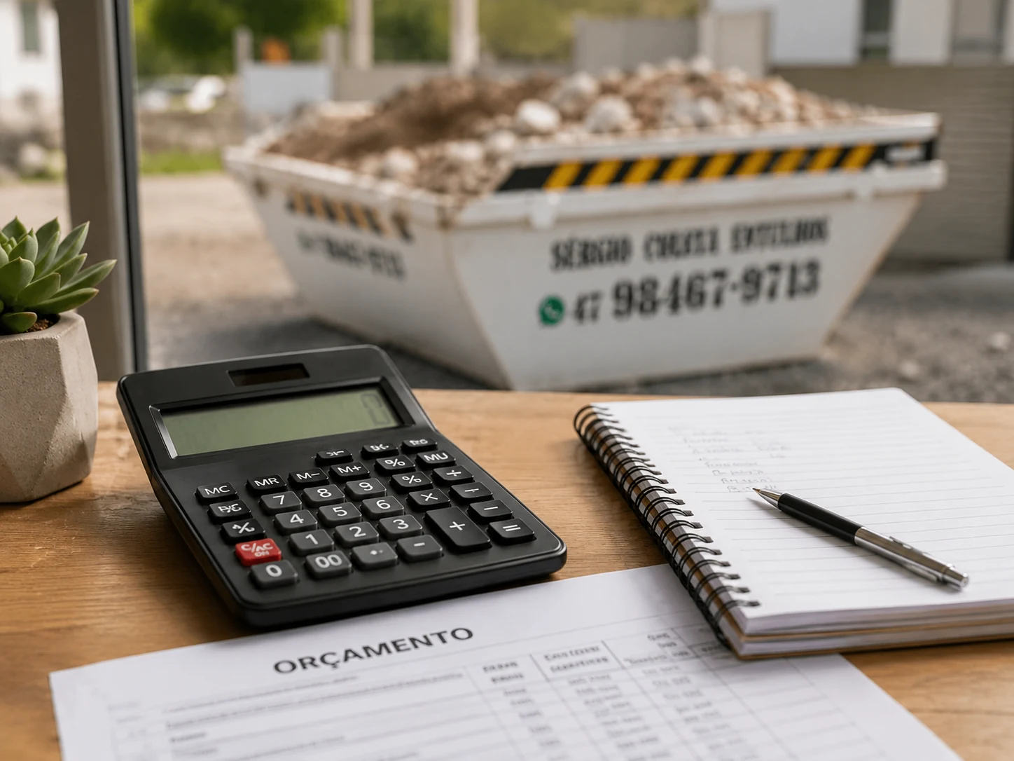 Calculadora e orçamento para aluguel de caçamba com uma caçamba ao fundo