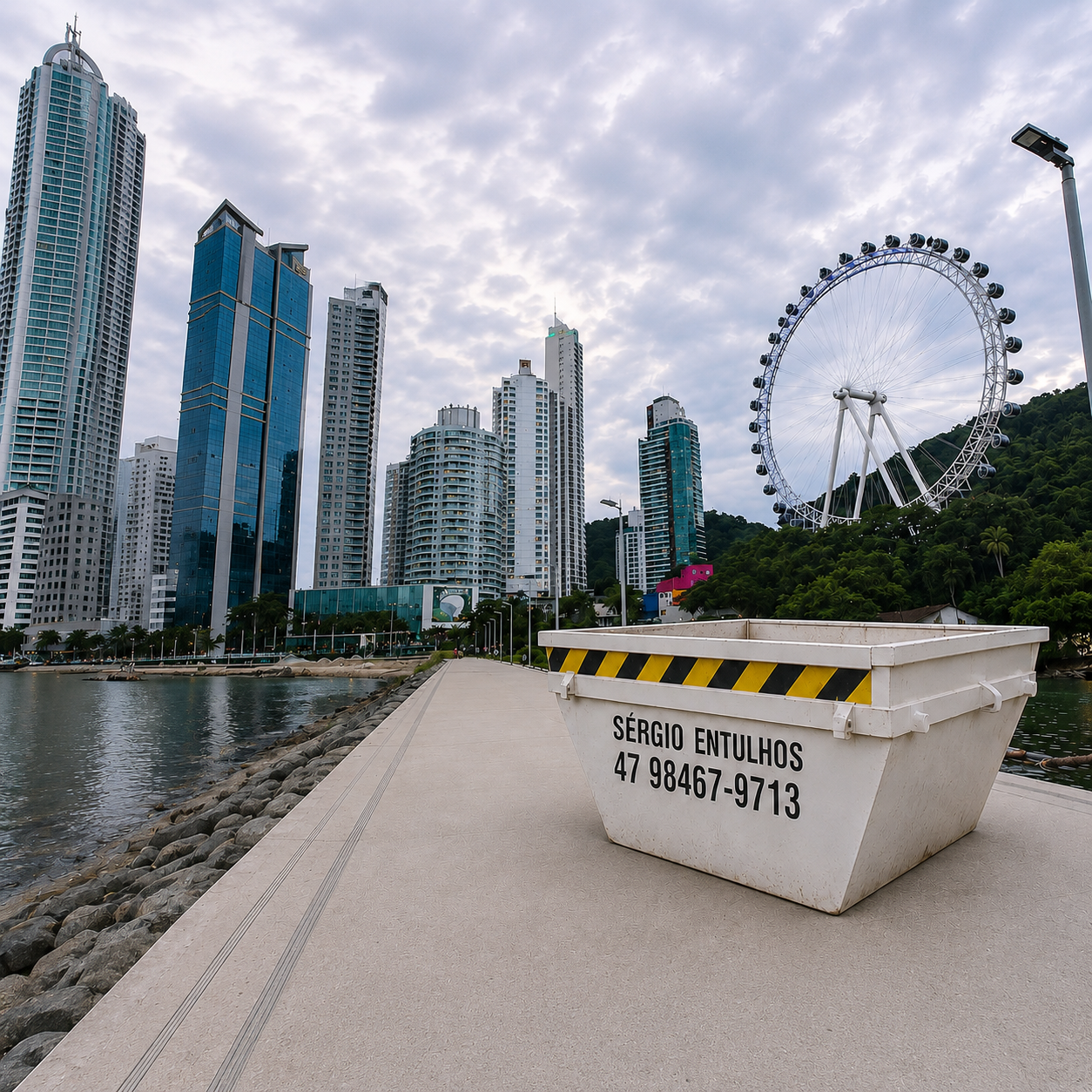 Caçamba da Sérgio Entulhos em Balneário Camboriú com telefone visível para serviço de disk entulho